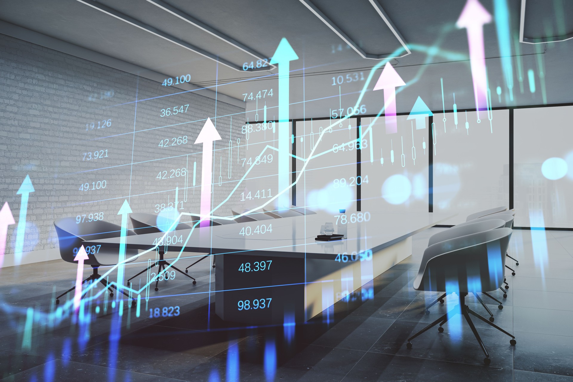 Financial growth chart and upward arrows hologram over modern corporate meeting room background showing business investment and market analysis concept.