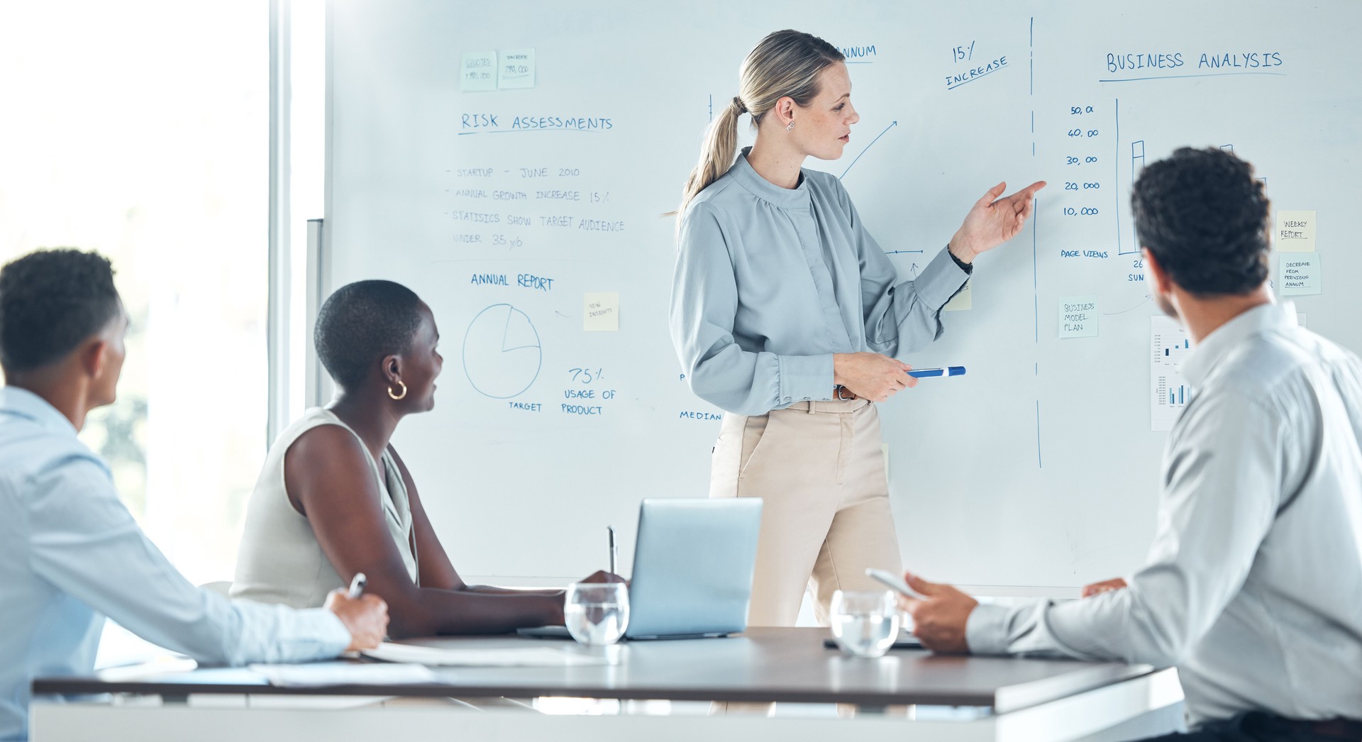 Business meeting, presentation and people with accounting analysis, budget planning and finance update from manager to diversity team. Training workshop or corporate leader with whiteboard analytics