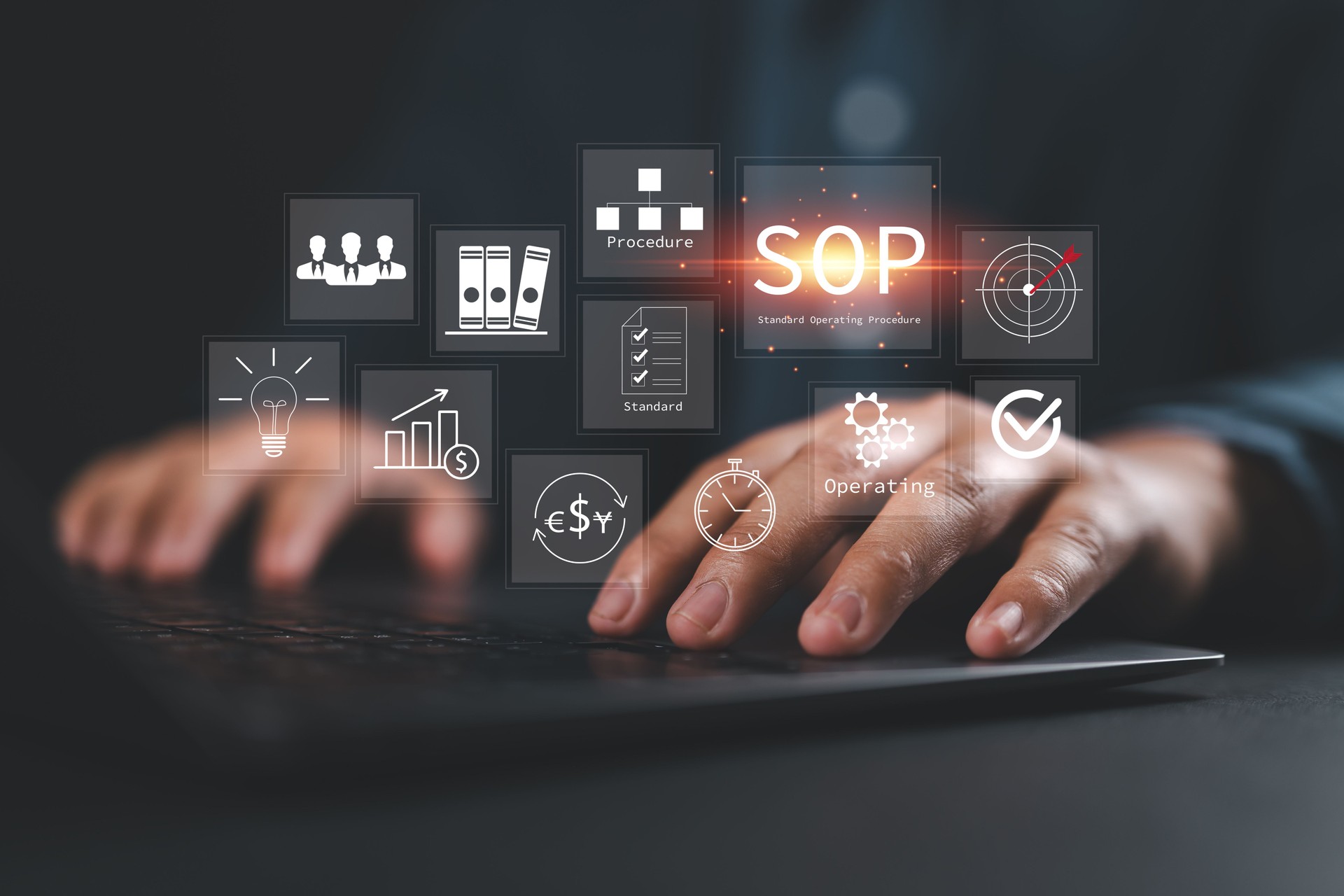 SOP Standard Operating Procedure business concept. Businessman using a laptop to design workflow for Instructions to assist employee in complex routine operations.
